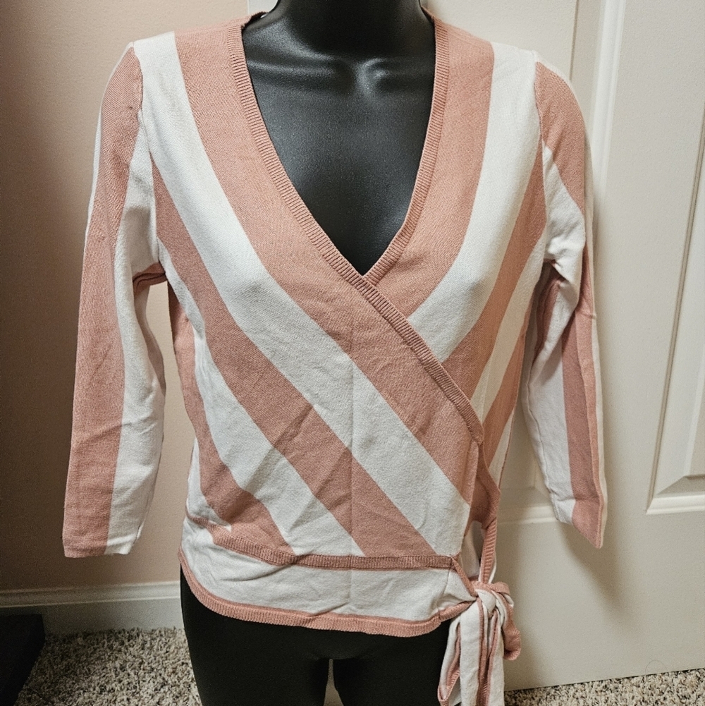 Chic Pink and White Striped Wrap Sweater